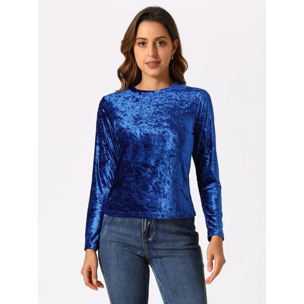 Allegra K Crushed Velvet Top Womens Medium Blue Long Sleeve Crew Neck Stretch